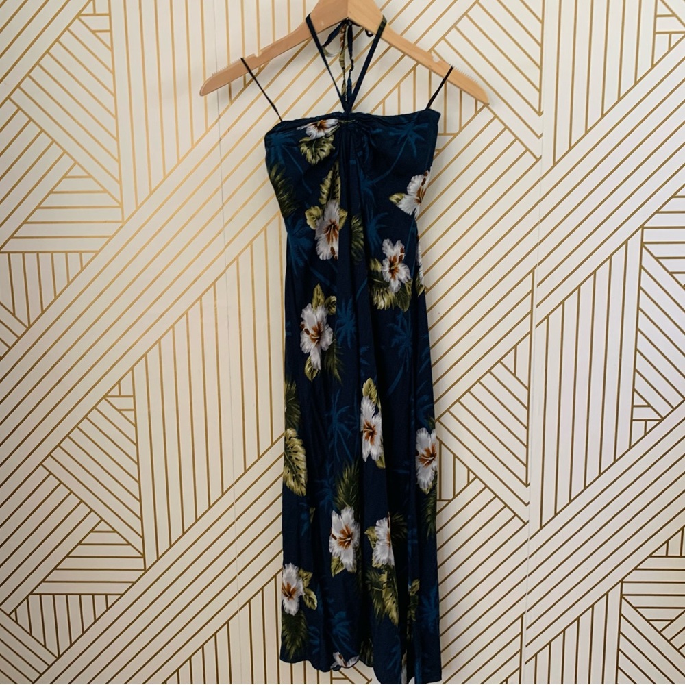 Hula Hula Hawaiian Halter ruched floral dress Midi high low hi lo palm leaves S
